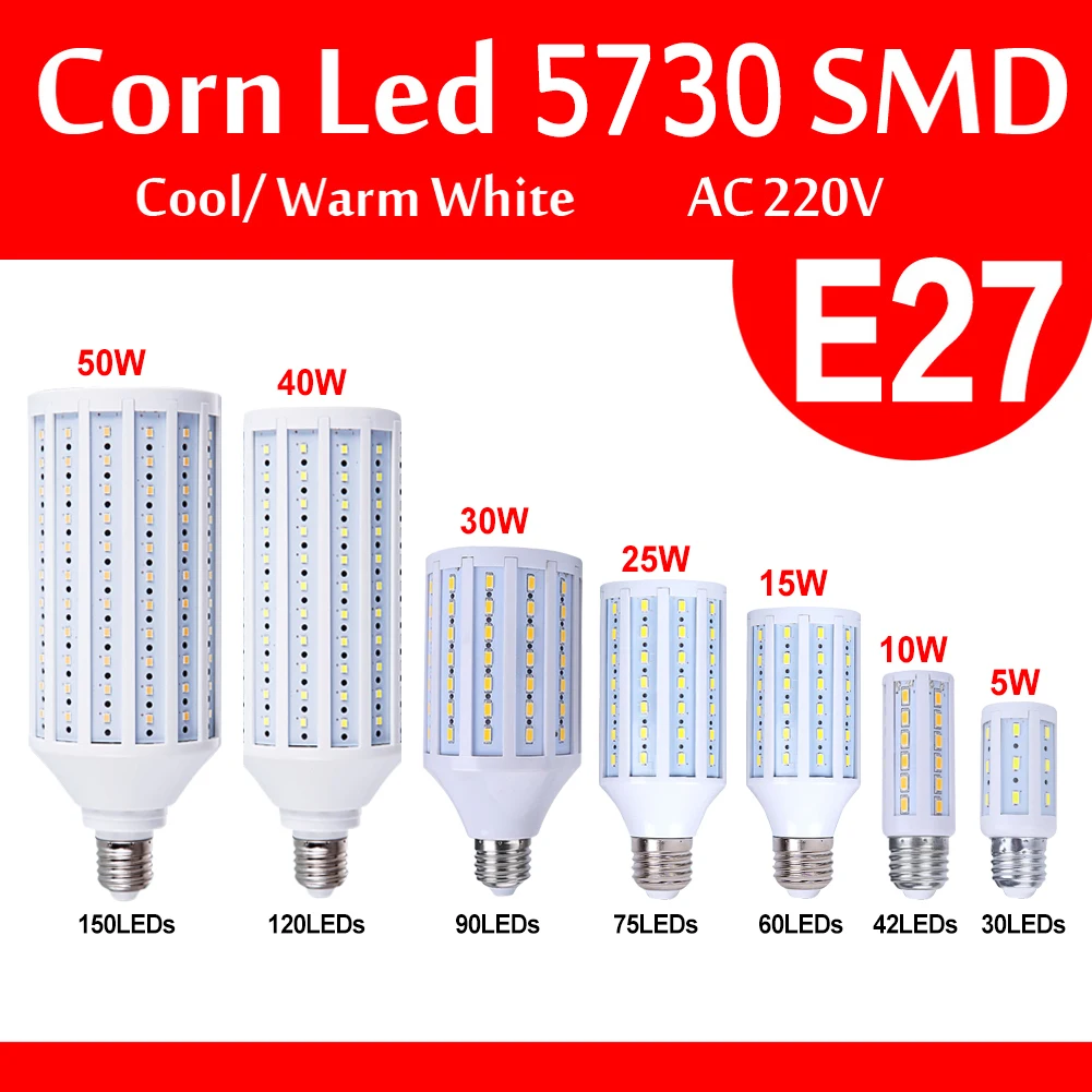 Sale Lampda 5730 SMD Epistar chip LED Lamp E27 7W 15W 20W 25W 30W 40W 50W 220V 230V 240V AC Corn bulb light Cold Warm white
Sale Lampda 5730 SMD Epistar chip LED Lamp E27 7W 15W 20W 25W 30W 40W 50W 220V 230V 240V AC Corn bulb light Cold Warm white