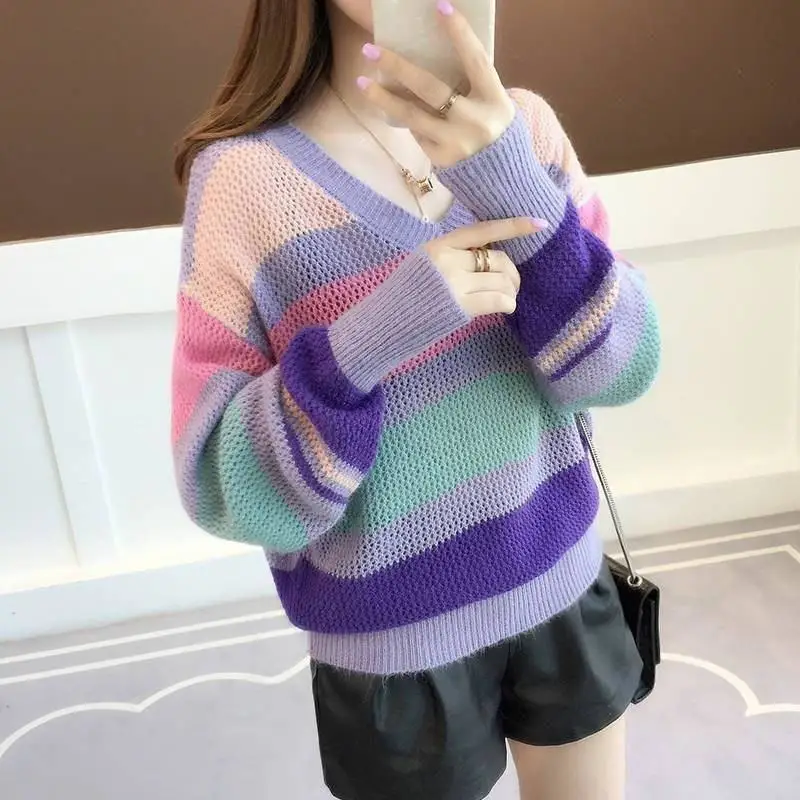 Women Spring Autumn 2019 Rainbow Striped Hollow Out Tricot Pullover Sweater Female V-Neck Oversized Knitted Jumper Knitwear K204
Women Spring Autumn 2019 Rainbow Striped Hollow Out Tricot Pullover Sweater Female V-Neck Oversized Knitted Jumper Knitwear K204