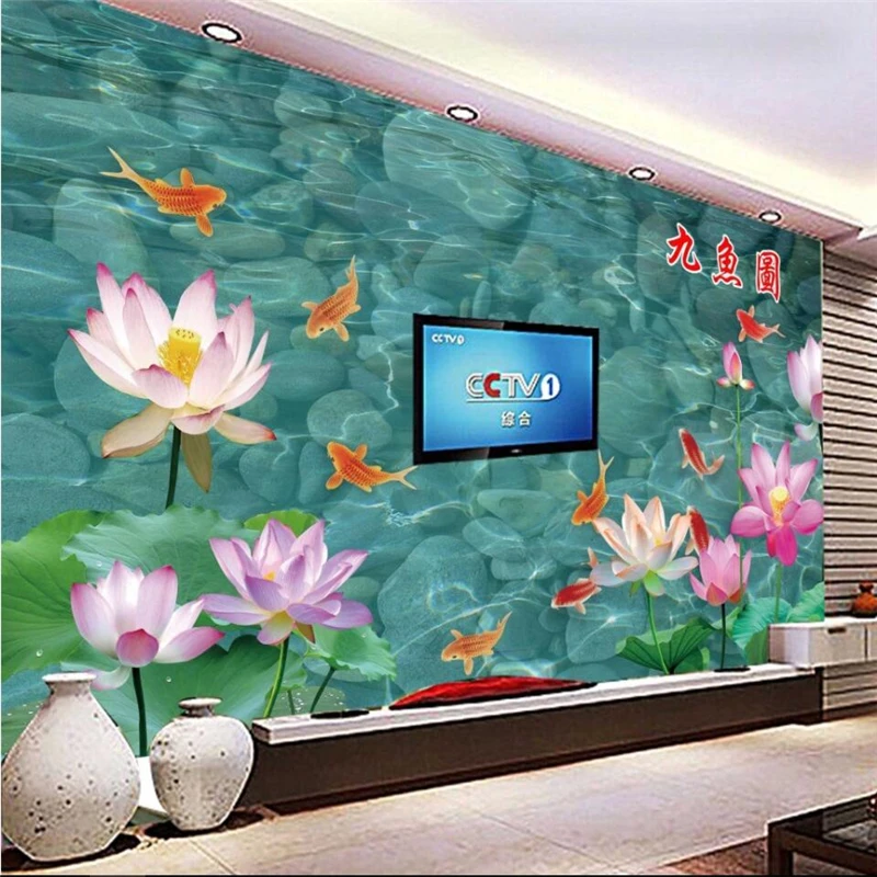 

beibehang Lotus nine fish picture TV sofa background wall custom large fresco silk silk cloth environmental wallpaper mural