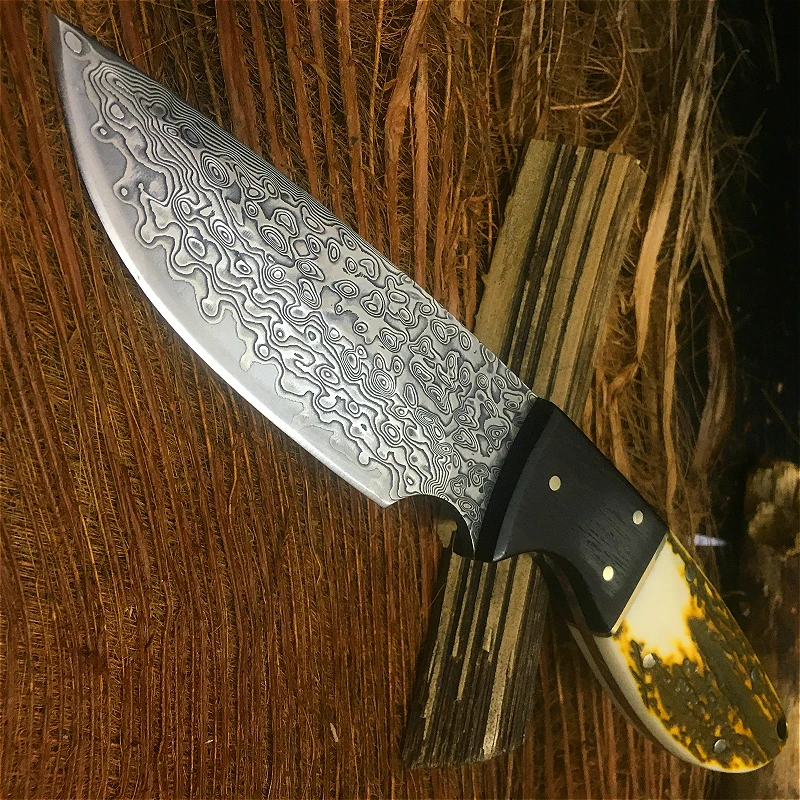 PEGSAI 60 HRC Handmade Damascus hunting straight knife yellow sandal/ebony handle with vegetable tanned leather sheath
PEGSAI 60 HRC Handmade Damascus hunting straight knife yellow sandal/ebony handle with vegetable tanned leather sheath