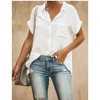 Summer Casual blouse women Turn-down Collar Short Sleeve pocket Loose Solid white blouse women tops blusas 2019
Summer Casual blouse women Turn-down Collar Short Sleeve pocket Loose Solid white blouse women tops blusas 2019