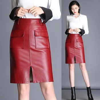 Fall Winter Women Wine Red Black Pockets Placket Faux PU Leather Knee Length Skirt , Women Female High Waisted Pencil Skirts
Fall Winter Women Wine Red Black Pockets Placket Faux PU Leather Knee Length Skirt , Women Female High Waisted Pencil Skirts