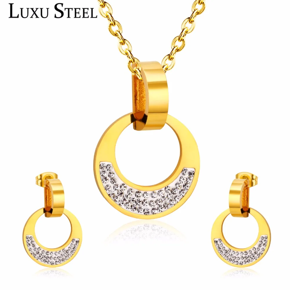 LUXUSTEEL Bridal Jewelry Sets For Women Stainless Steel Hollow Out Round Pendants With Charm Crystals Fashion Necklace Earring
LUXUSTEEL Bridal Jewelry Sets For Women Stainless Steel Hollow Out Round Pendants With Charm Crystals Fashion Necklace Earring