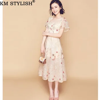 2019 Summer Vacation Women's Star Embroidery Mesh Lotus Leaf Sleeve Mid-calf Dress Sweet Lady Temperament Fairy One-piece Dress
2019 Summer Vacation Women's Star Embroidery Mesh Lotus Leaf Sleeve Mid-calf Dress Sweet Lady Temperament Fairy One-piece Dress