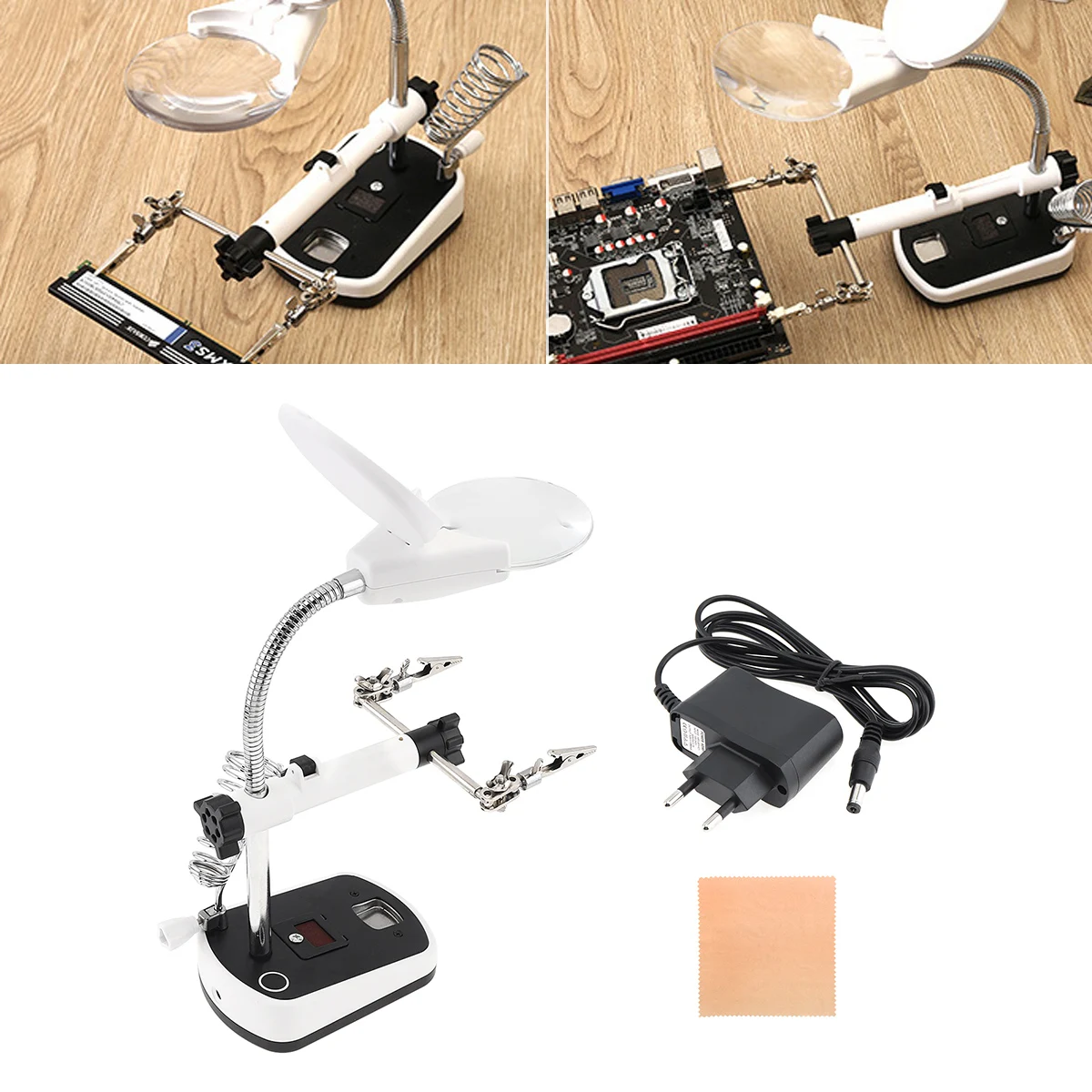 10X Desk-top Multifunctional Adjustable Rotatable Welding Magnifier with 5 LED Lights and Electric Soldering Iron Bracket
10X Desk-top Multifunctional Adjustable Rotatable Welding Magnifier with 5 LED Lights and Electric Soldering Iron Bracket