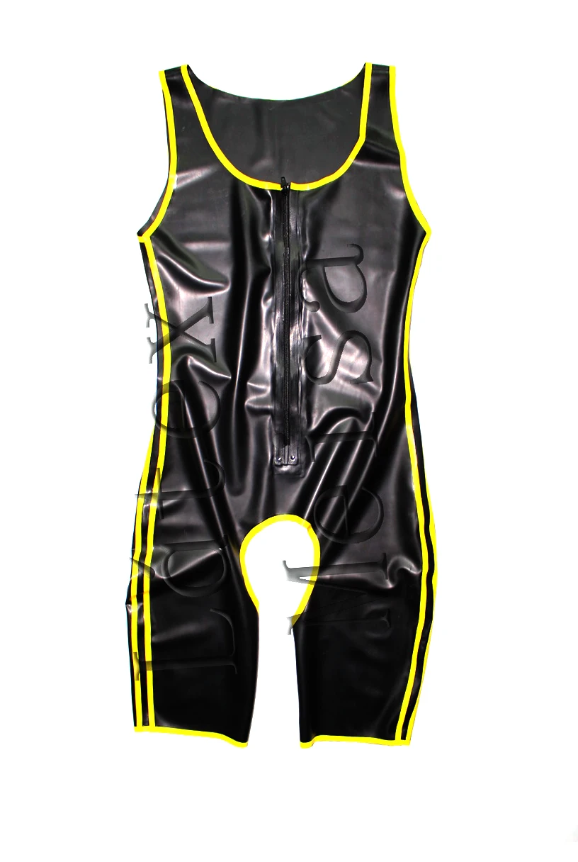 Novelty Fetish latex bodysuit attached front zip and decorative with yellow stripes and open crotch for men
Novelty Fetish latex bodysuit attached front zip and decorative with yellow stripes and open crotch for men