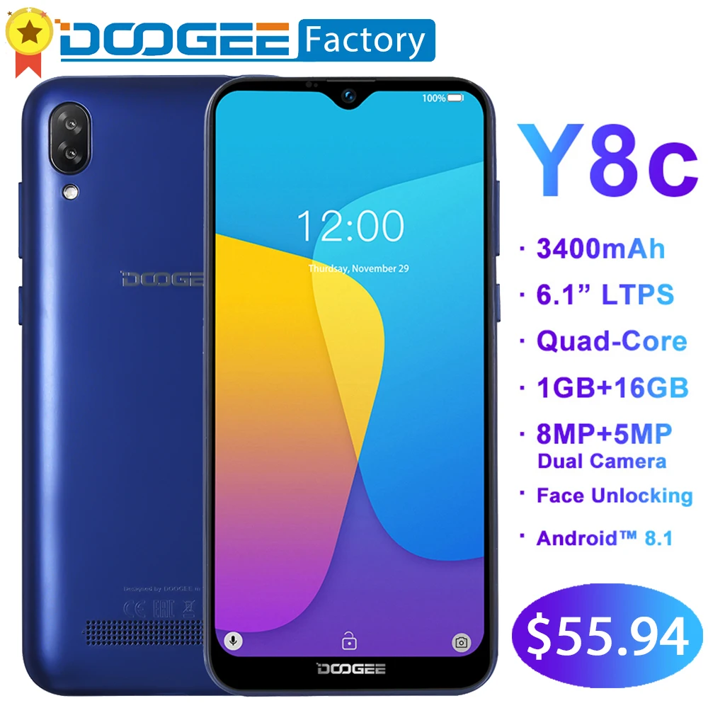 

DOOGEE Y8c 6.1inch 19:9 Waterdrop LTPS Screen Smartphone Face unlocking 16GB ROM 8MP+5MP Mobile Phone 3400mAh Android 8.1 WCDMA