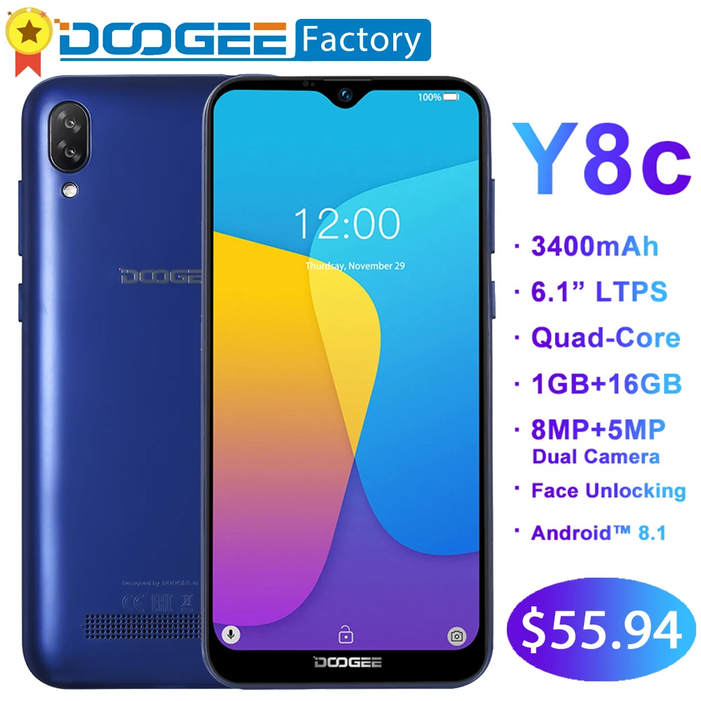 DOOGEE Y8c 6.1inch 19:9 Waterdrop LTPS Screen Smartphone Face unlocking 16GB ROM 8MP+5MP Mobile Phone 3400mAh Android 8.1 WCDMA
DOOGEE Y8c 6.1inch 19:9 Waterdrop LTPS Screen Smartphone Face unlocking 16GB ROM 8MP+5MP Mobile Phone 3400mAh Android 8.1 WCDMA
