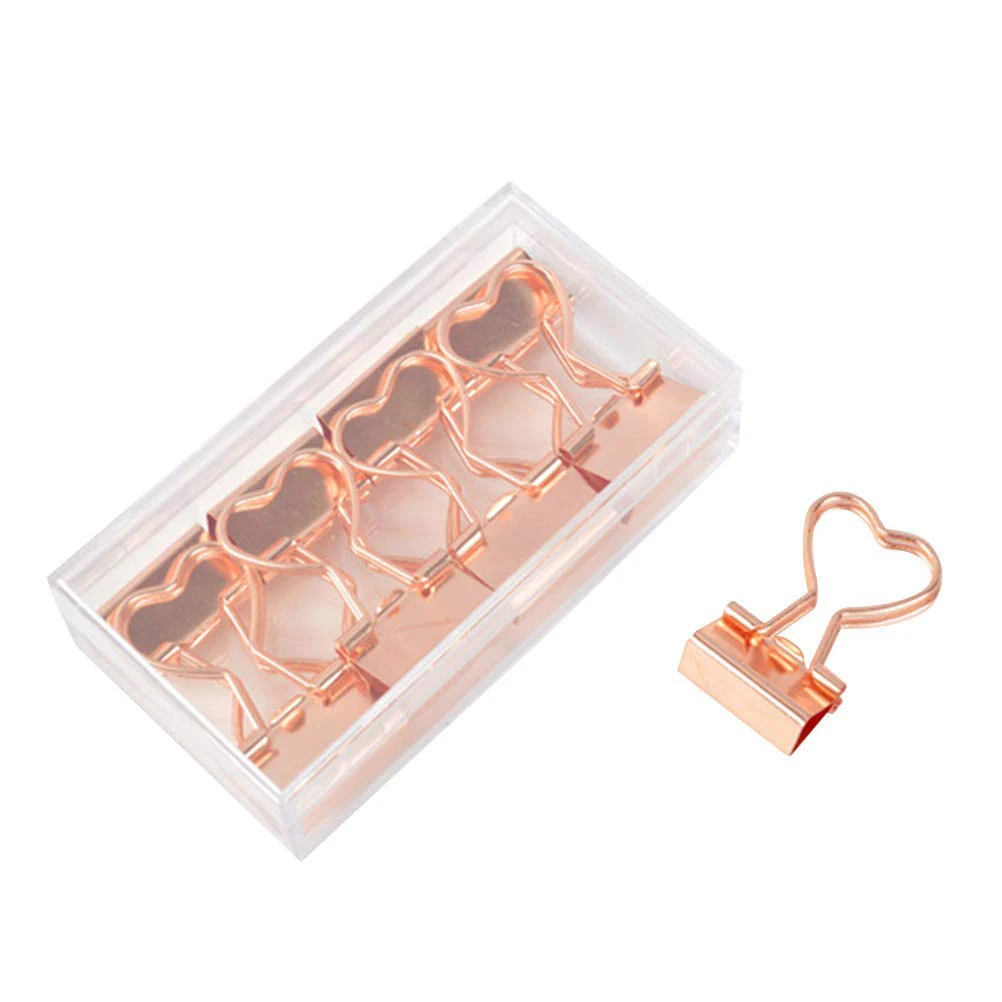 

12PCS Heart Shape Binder Clips Skeleton alloy Paper Clips Foldback File Clips School Office Stationery Supplies (Rose Gold)