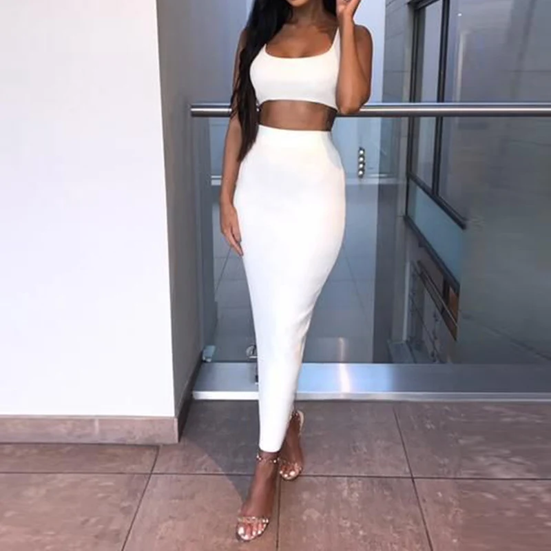 2Pcs Set Women Crop Tops And Skirt Set Matching Set Women Two Pieces Sexy Sleeveless Short Tops+Bodycon Slim Long Skirt Sets