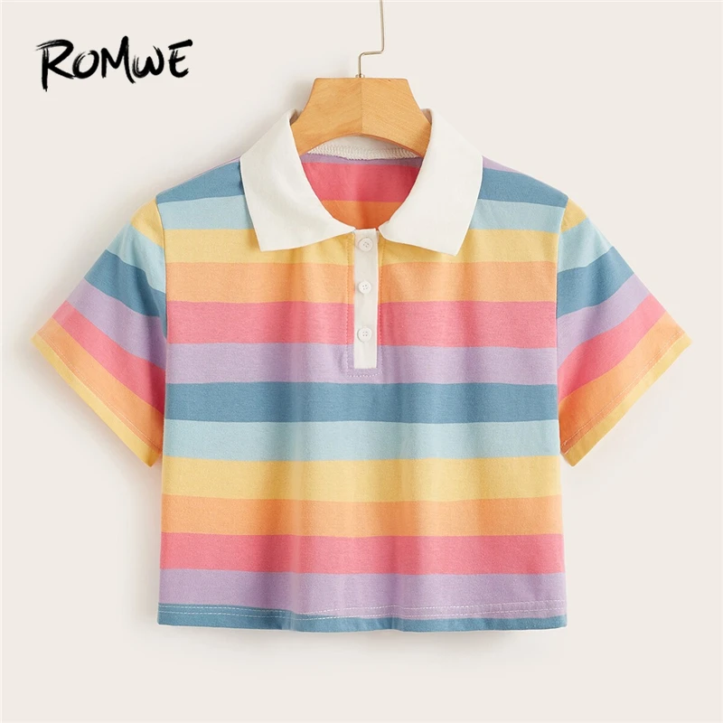ROMWE Rainbow Striped Crop Top Tees Women Summer 2019 Short Sleeve Half Placket Short Casual Streetwear T Shirts
ROMWE Rainbow Striped Crop Top Tees Women Summer 2019 Short Sleeve Half Placket Short Casual Streetwear T Shirts