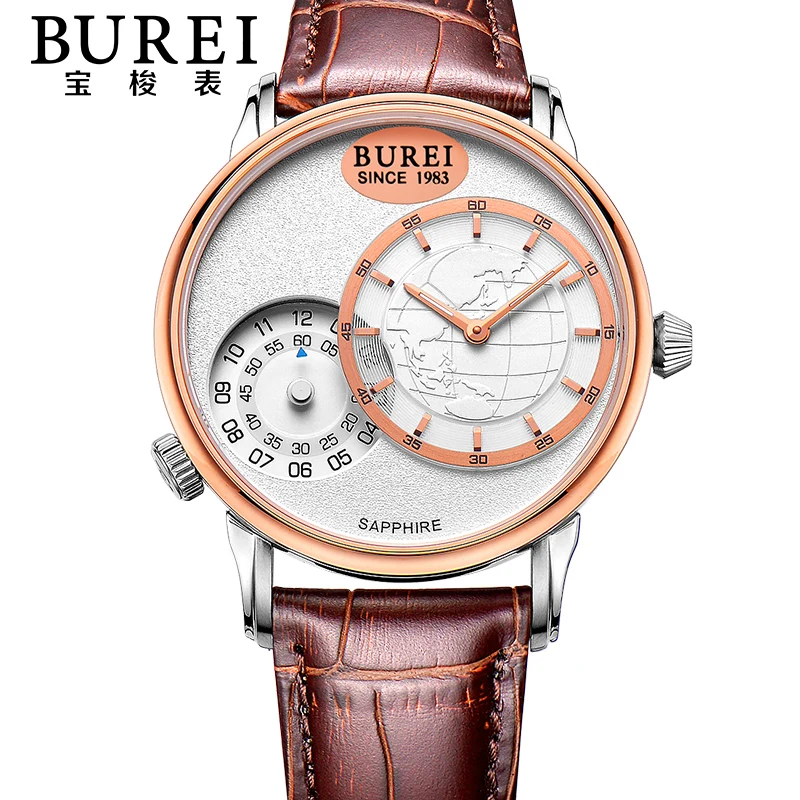 BUREI Mens Sapphire Crystal Genuine Leather Band Dual Time Zone Quartz Watch Waterproof Wristwatches With Premiums Package 5009
BUREI Mens Sapphire Crystal Genuine Leather Band Dual Time Zone Quartz Watch Waterproof Wristwatches With Premiums Package 5009