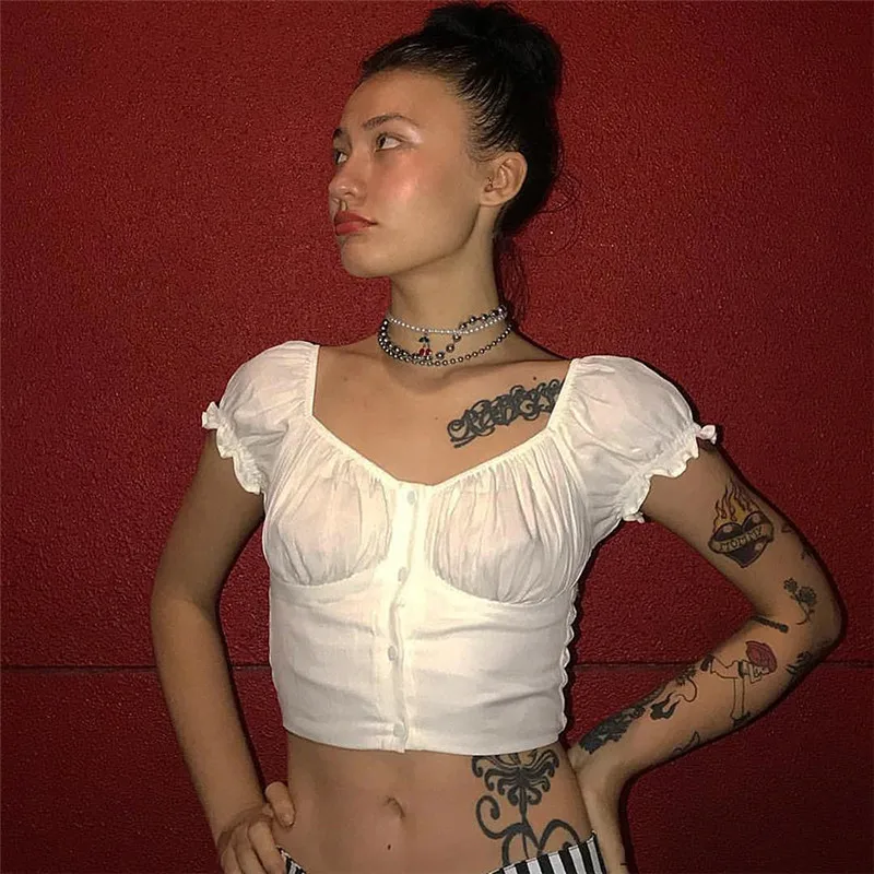 2019 Spring Sexy Women Puff Sleeve Button Bustier T Shirts V Neck Navel Bare Cropped Tops Female Short Sleeve White T Shirt
2019 Spring Sexy Women Puff Sleeve Button Bustier T Shirts V Neck Navel Bare Cropped Tops Female Short Sleeve White T Shirt