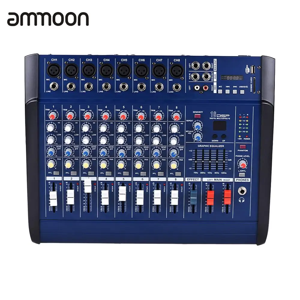 

ammoon 8 Channels Powered Mixer Amplifier Digital Audio Mixing Console Amp with 48V Phantom Power USB/ SD Slot for Recording