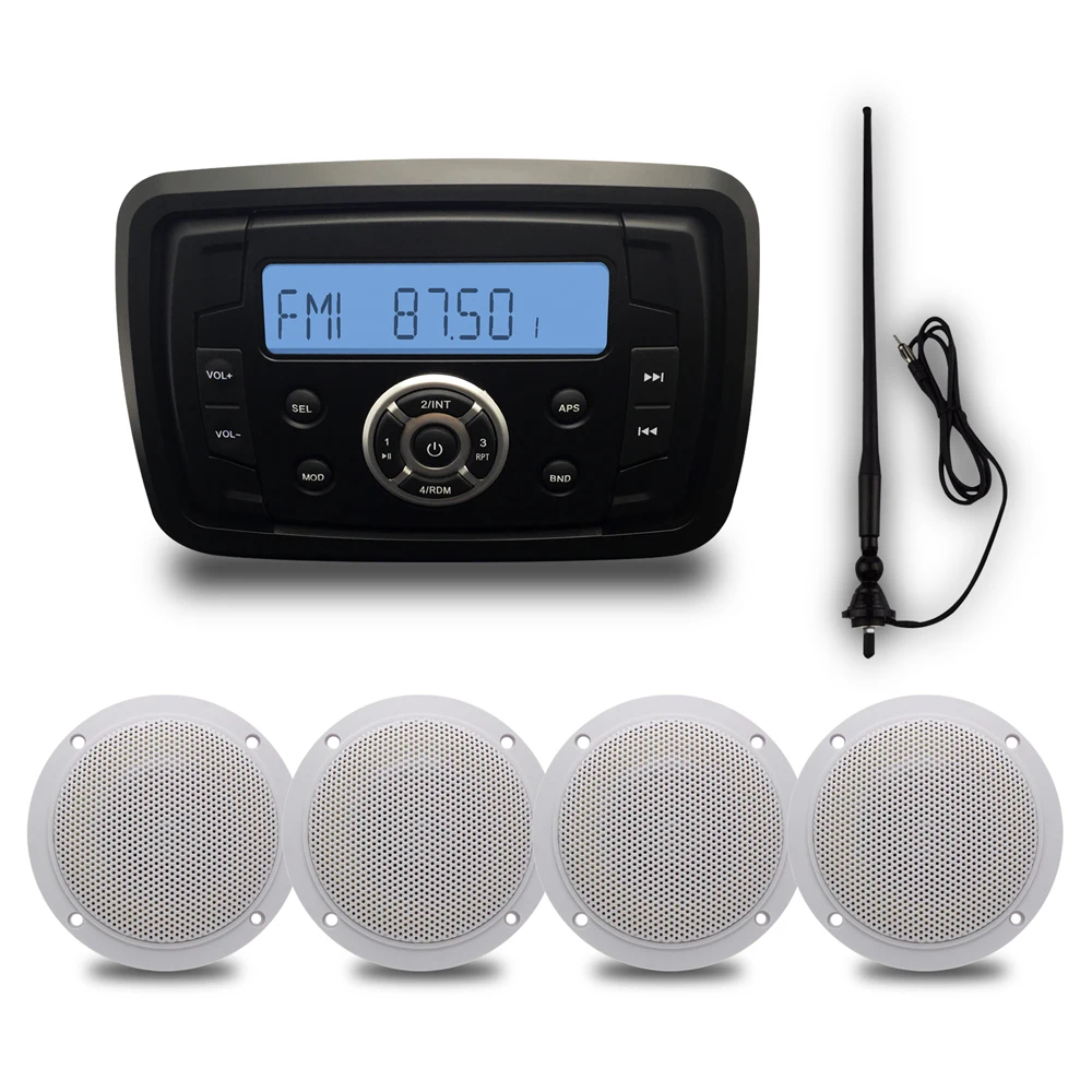 Waterproof Marine Stereo Bluetooth Audio Radio Motorcycle Sound System ATV UTV Mp3 Player+ 4inch marine Speakers+Radio Antenna 
Waterproof Marine Stereo Bluetooth Audio Radio Motorcycle Sound System ATV UTV Mp3 Player+ 4inch marine Speakers+Radio Antenna
