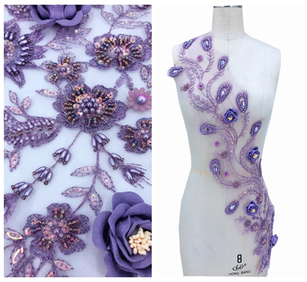 

Three-dimensional light purple lace applique with handsewing beads rhinestones patches 72*17cm for prom dress accessory