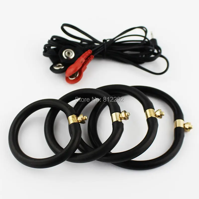 

Electrical Stimulation Penis Rings With 4 Head Wires Time Delay Cock Ring Electro Shock Medical Themed Sex Toys For Men