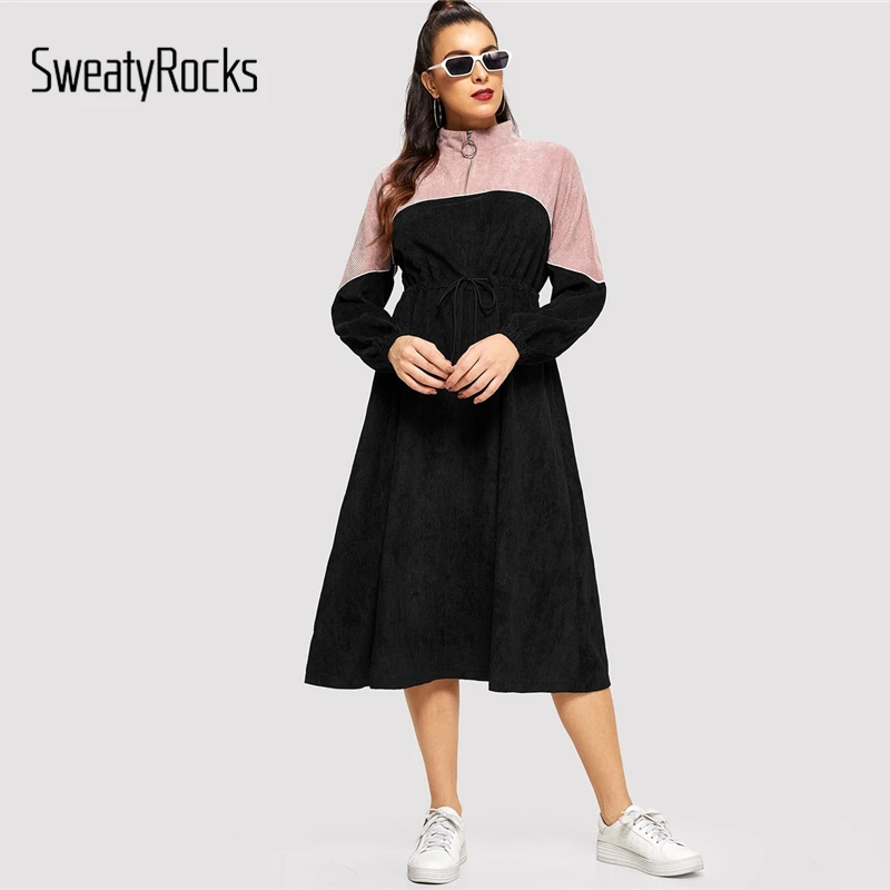 

SweatyRocks Zip Front Two Tone Corduroy Dress Streetwear Drawstring Waist A-Line Dress 2019 Summer Women Casual Shift Dress