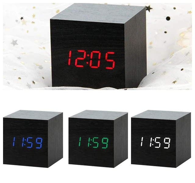 LED Wooden Alarm Clock Voice Control Digital Electronic USB/AAA Powered Decorative Sadoun.com