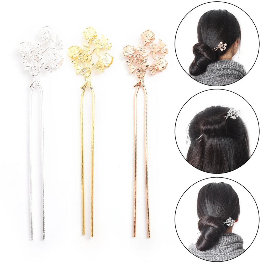 1PCS Silver Gold Flower Leaf U shape Hair Sticks Clip Vintage Pins Wedding Hair Accessories Rhinestone Bride Head Piece