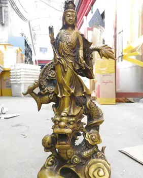 

26" China bronze gild carved buddhism Kwan-yin buddha on dragon sculpture Statue