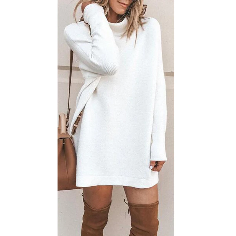 

Women Casual Round Neck Above Knee Knit Dress Lady Long Sleeve Solid Color Loose Short Mini Dress AM0201