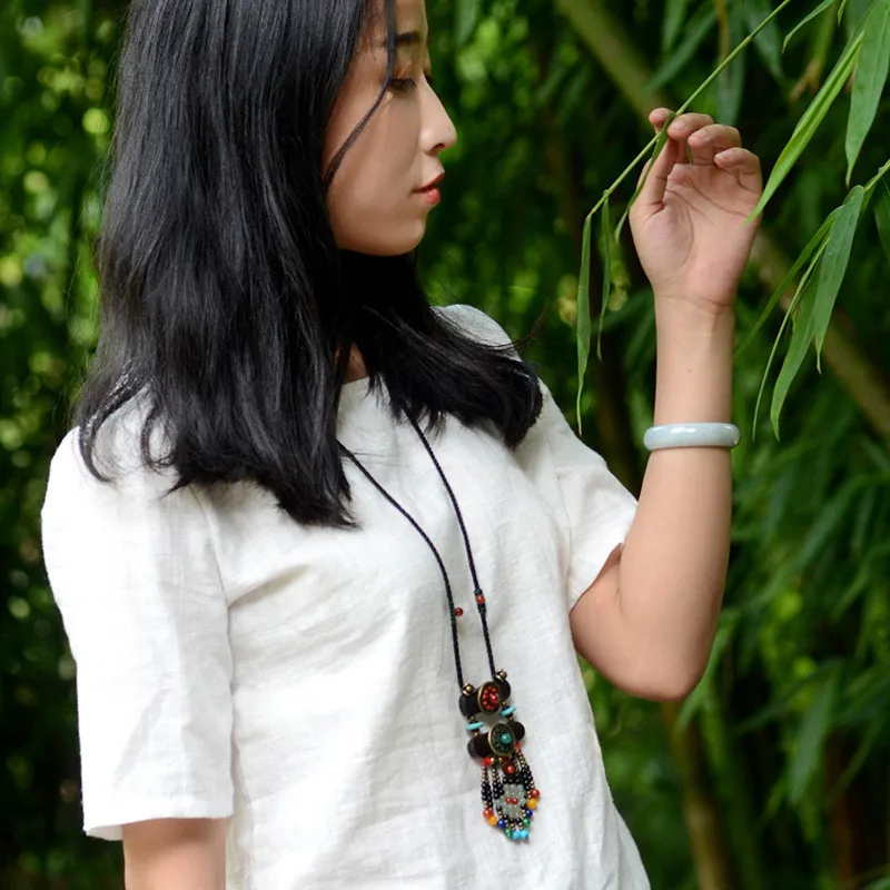 Long Chain Wood Necklace With Colorful Beads - Wear Jewelry With Sweaters