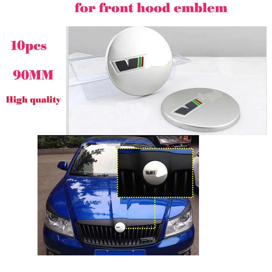 

High quality Free Shipping 10Pcs Car Front Hood Bonnet Emblem 90MM Aluminum VRS Logo Badge for skoda