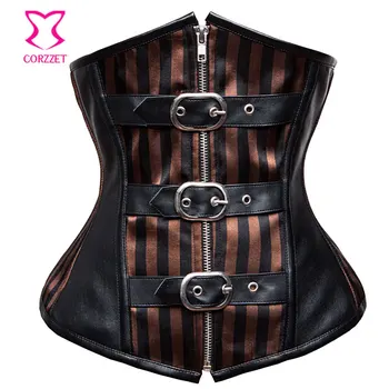 Striped Satin and Leather Steel Boned Underbust Corset Steampunk Corsets Gothic Clothing Burlesque Zipper Waist Trainer Corselet
Striped Satin and Leather Steel Boned Underbust Corset Steampunk Corsets Gothic Clothing Burlesque Zipper Waist Trainer Corselet