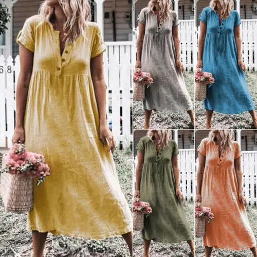 Summer Women Plus Size Short Sleeve Boho Casual Loose Linen Solid Baggy Kaftan Tunic Maxi Dress Ladies Sundress Evening | Женская одежда