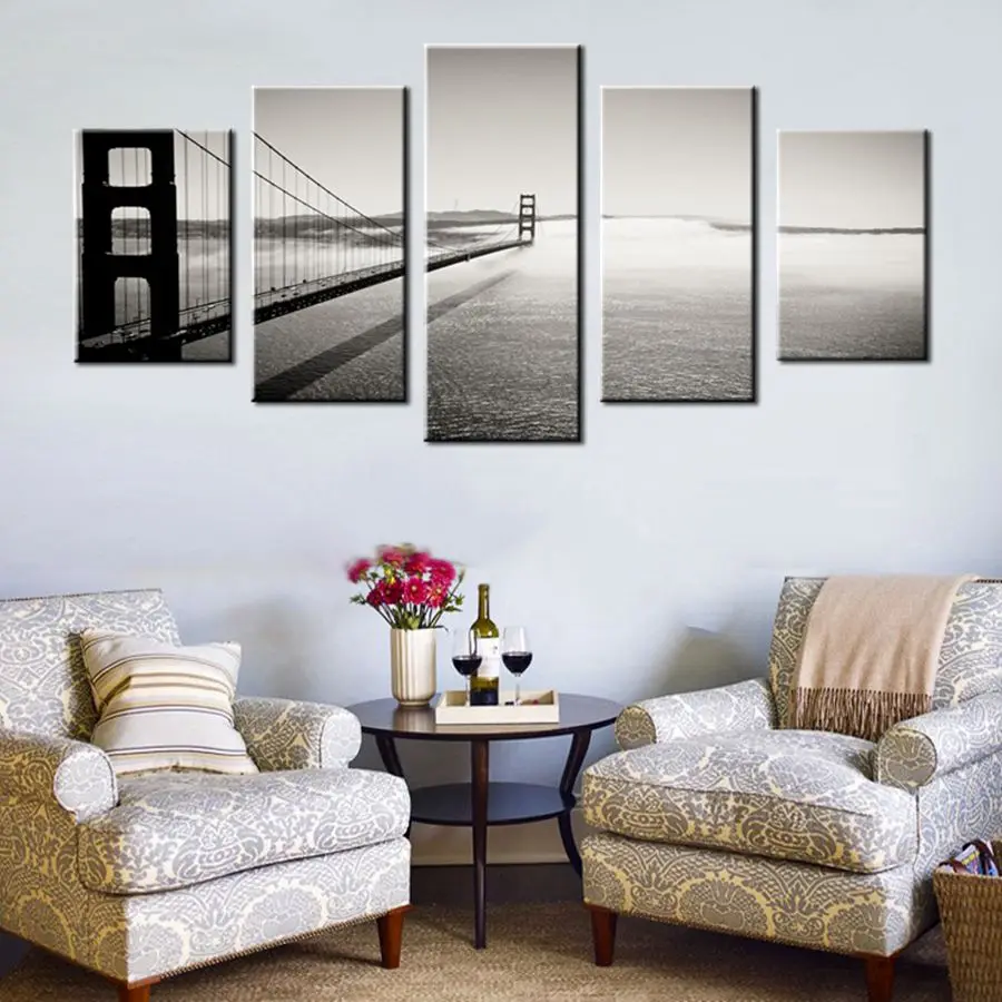 

Black and White Wall Decor Golden Gate Bridge San Francisco Building Landscape Poster Printed Canvas Painting for Room Wall Art
