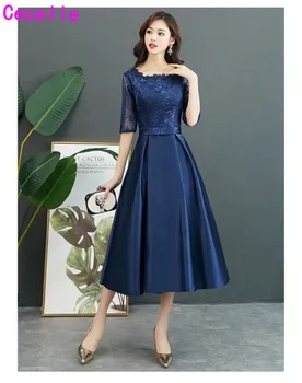 Vintage Tea Length Navy Blue Short Modest Bridesmaid Dresses With Half Sleeves A-line Satin Lace Women Wedding Party Dress
Vintage Tea Length Navy Blue Short Modest Bridesmaid Dresses With Half Sleeves A-line Satin Lace Women Wedding Party Dress