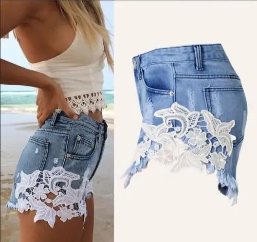 

Amazon Ebay aliexpress explosion sexy lace stitching jeans sexy shorts and the wind