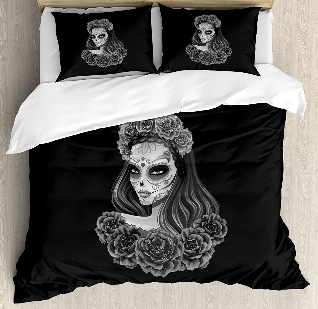 Day of the Dead Duvet Cover Set , Gothic Young Girl in Calavera Make Up Hairstyle with Roses, 4 Piece Bedding Set
Day of the Dead Duvet Cover Set , Gothic Young Girl in Calavera Make Up Hairstyle with Roses, 4 Piece Bedding Set
