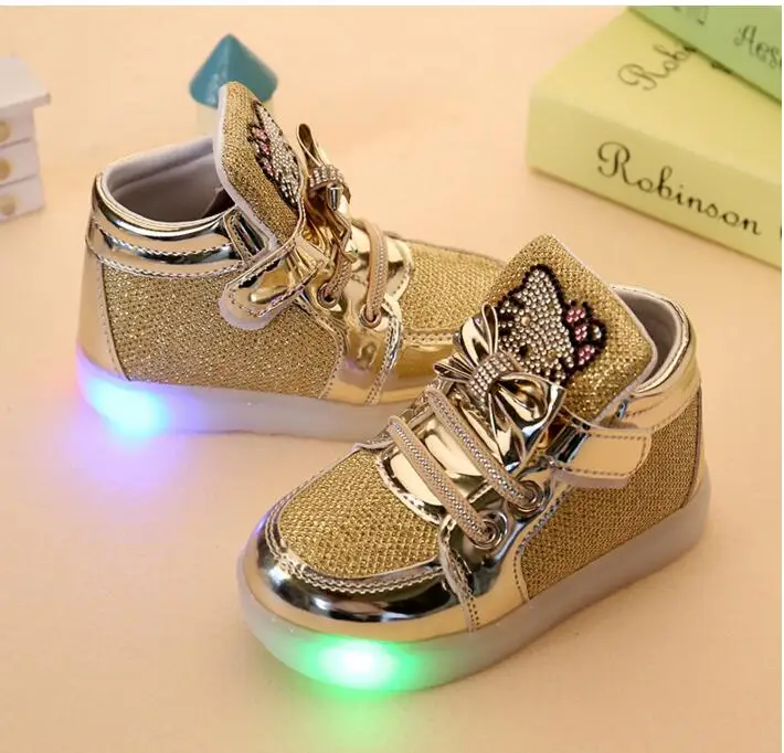 Image new children lighted casual shoes high rhinestone hello kitty shoes for girls baby kids shoes mesh travel shoes girls boots