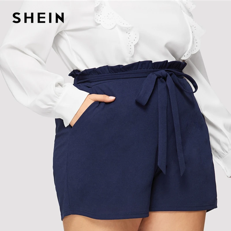 

SHEIN Navy Paperbag Waist Slant Pocket Belted Frill Plain Shorts Women Wide Leg 2019 Summer Highstreet Fashion Solid Shorts