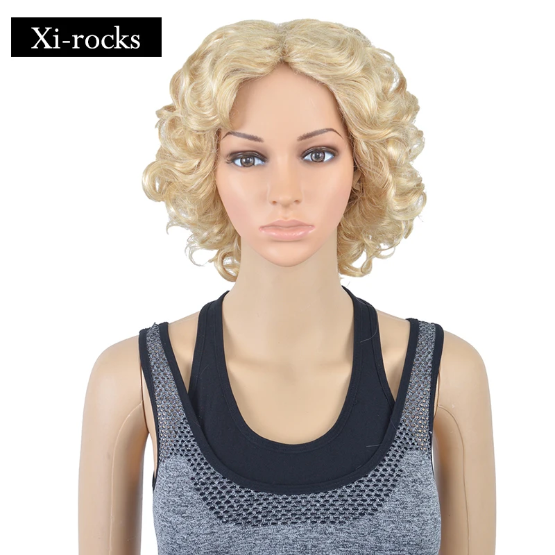 

3084 Xi.rocks 12'' Short Curly Blonde wigs with Parting Bangs Fluffy Afro Gold synthetic Wig for Women Grandma Hairstyle