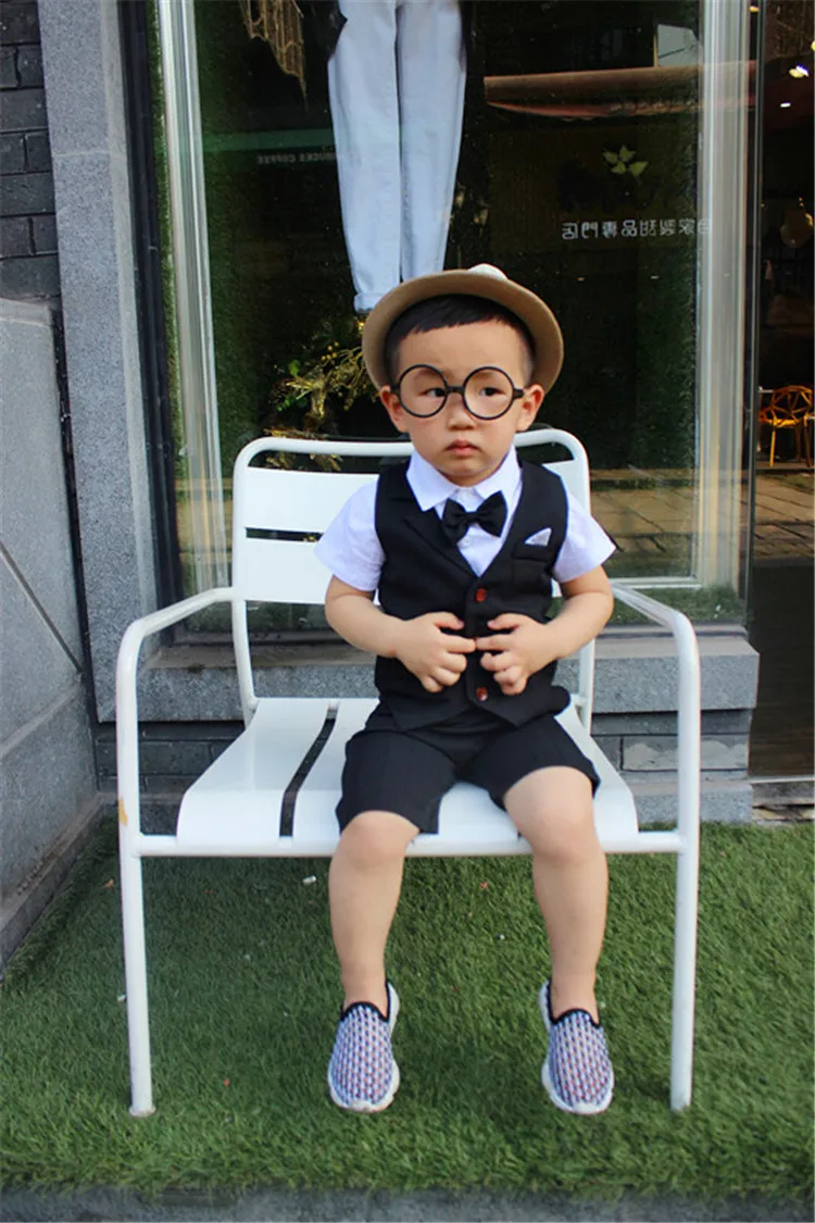 Baby Boys Clothing Sets 2018 New Summer Children Formal Wear Soft Short Shirt + Plaid Waist Coat + Shorts Kids 3PC Suits JJ010 8