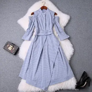 2019 spring and summer women's new sexy strapless small stand collar blue and white stripes irregular large dressT3455-3460
2019 spring and summer women's new sexy strapless small stand collar blue and white stripes irregular large dressT3455-3460