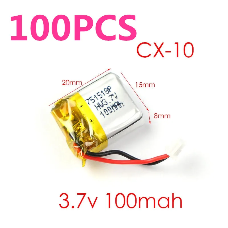 20 30 50 100 200pcs 3.7V 100mAh Battery for Cheerson CX-10 CX-10A FQ777-124 Hubsan Q4 Wltoys V272 Mini RC Quadcopter Drone parts
20 30 50 100 200pcs 3.7V 100mAh Battery for Cheerson CX-10 CX-10A FQ777-124 Hubsan Q4 Wltoys V272 Mini RC Quadcopter Drone parts