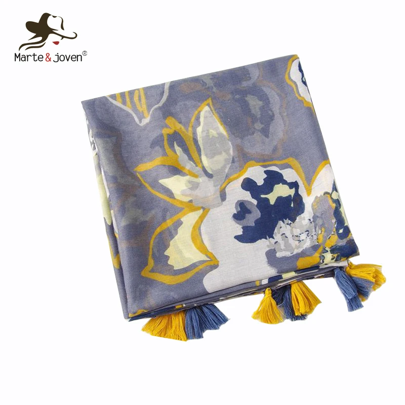 

Marte&Joven Women Polyester Art Floral Printing Shawls Tassels Scarves Spring Large Size Ladies Blue Warm Hijab Pashmina Wraps