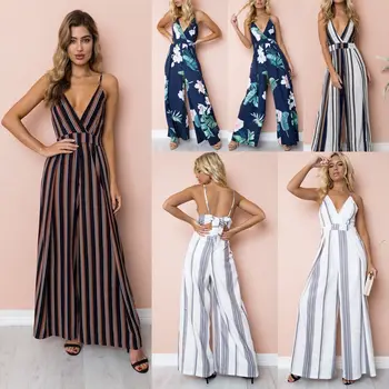 Women Fashion V Neck Backless Boho V Neck Striepd Floral Print Holiday Playsuit Wide Leg Pants Cami Long Beach Jumpsuit
Women Fashion V Neck Backless Boho V Neck Striepd Floral Print Holiday Playsuit Wide Leg Pants Cami Long Beach Jumpsuit