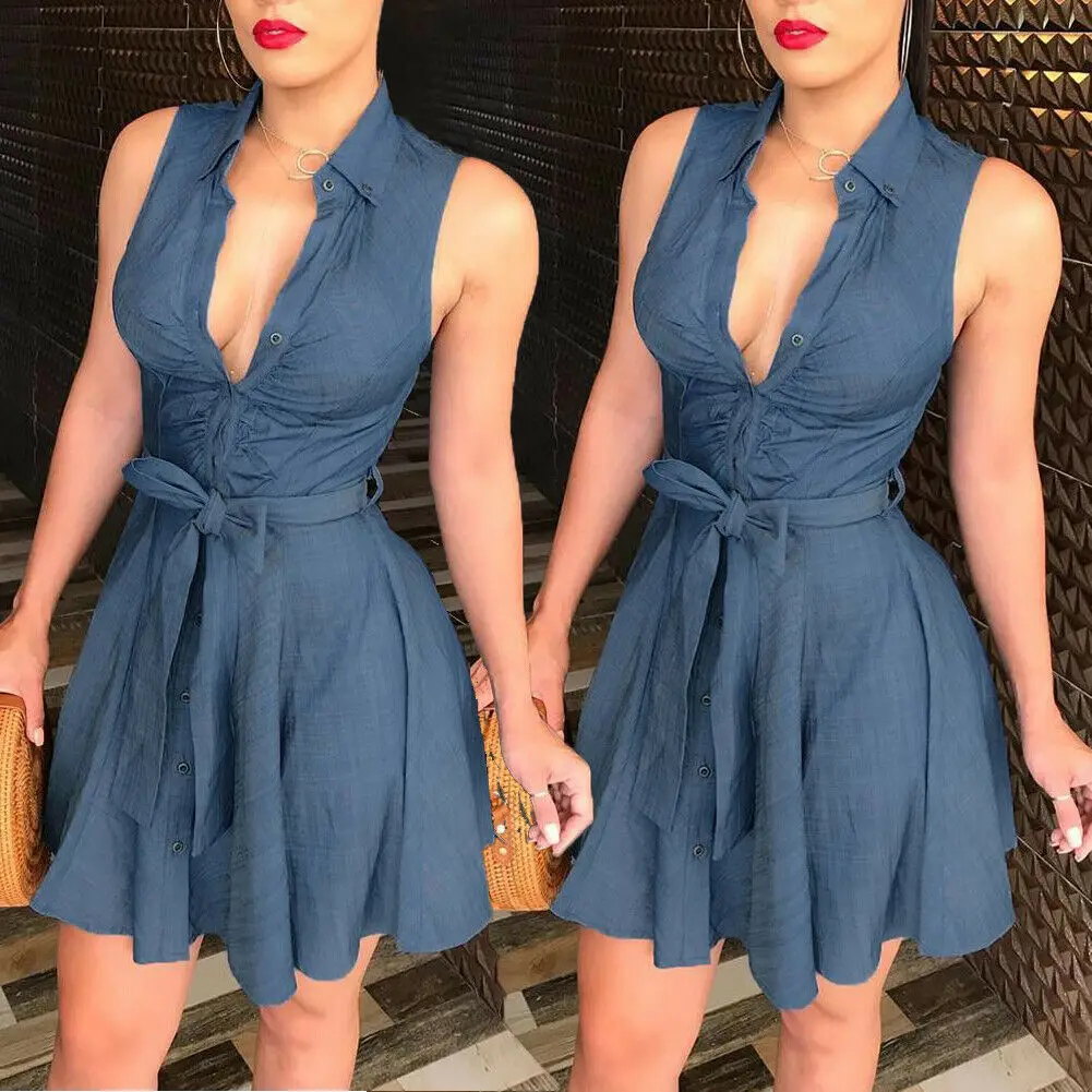 Fashion Women Sleeveless Denim Blue Dress Belted Party Cocktail Short Mini Dress Deep V Neck Sexy Bow Slash Button Solid Loose
Fashion Women Sleeveless Denim Blue Dress Belted Party Cocktail Short Mini Dress Deep V Neck Sexy Bow Slash Button Solid Loose