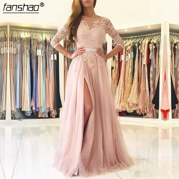 Pink Evening Dresses 3/4 Sleeves 2019 A-line Tulle Appliques Lace Slit Sexy Islamic Dubai Kaftan Saudi Arabic Long Evening Gown
Pink Evening Dresses 3/4 Sleeves 2019 A-line Tulle Appliques Lace Slit Sexy Islamic Dubai Kaftan Saudi Arabic Long Evening Gown