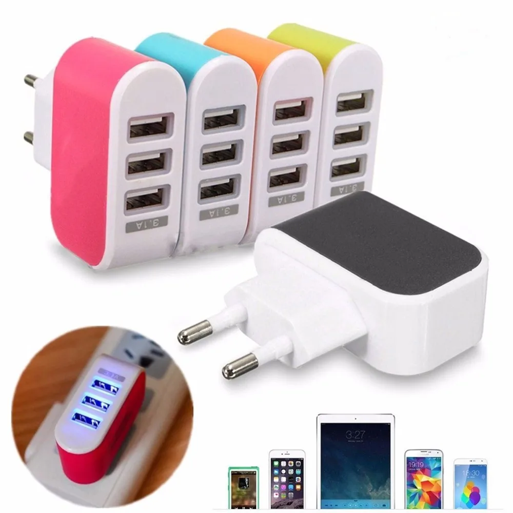 

1PC 5V/3.1A 3-Ports for iPhone for Huawei fTravel Wall AC Power USB Chargeror Cell Phone USB Charger Adapters EU Plug