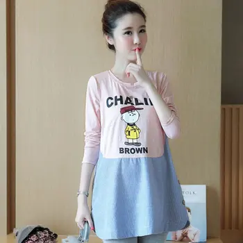Korean version of the striped print long paragraph bottoming shirt fashion maternity dress long-sleeved dress T-shirt
