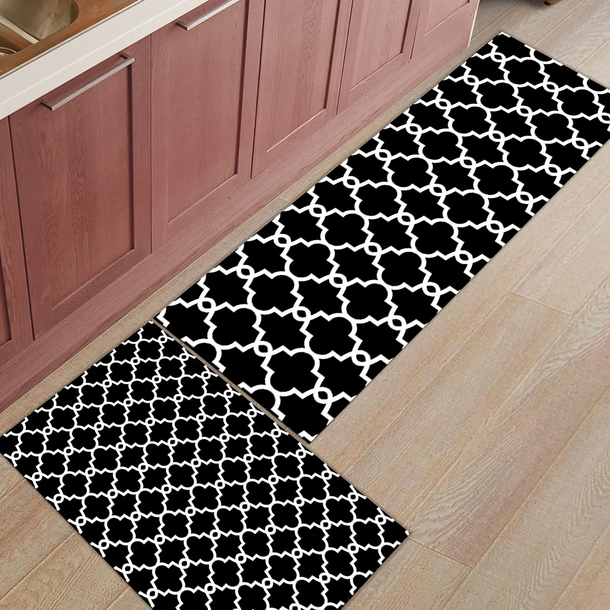 

2 Piece Kitchen Mats and Rugs Set Modern Classic Moroccan Geometric Checks Home Deocr Non Skid Area Runner Doormats Carpet