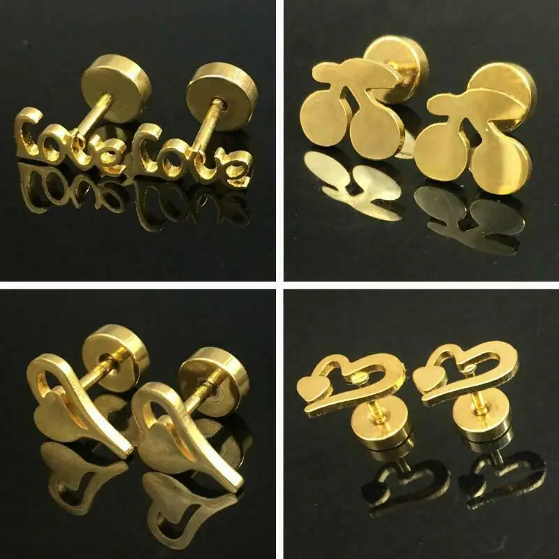 

Hot New Fashion 4 Pairs Stainless Steel Gold Tone Love Heart Cherry Screw Back Pin Women's Earrings