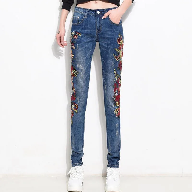 Женские джинсы на молнии с цветочной вышивкой модные джинсовые брюки карманами |