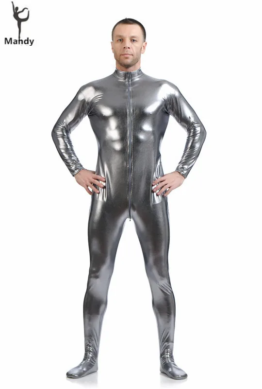 

One Piece Shiny Lycra Spandex Silver Mens Unitard Turtleneck Catsuits Metallic Footed Zipper Zentai Bodysuit Dancewear Hoodless